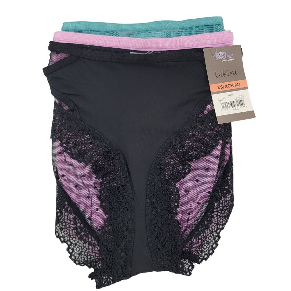 Secret Treasures Women’s Polka Dot Mesh & Lace Trim 3-Pack Bikini Panties - XS - Picture 2 of 11